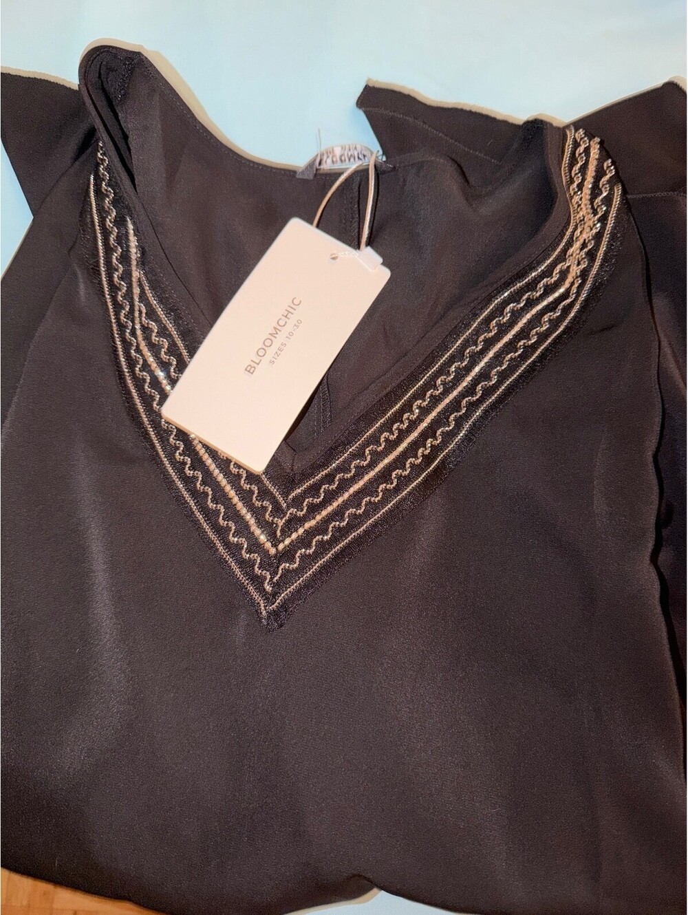 NWT Bloomchic Black V Neck Blouse Contrast Stitching